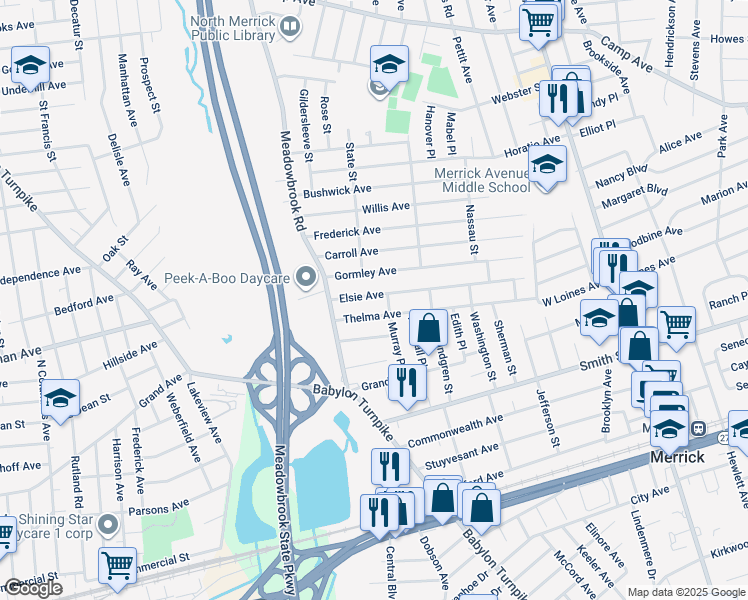 map of restaurants, bars, coffee shops, grocery stores, and more near 225 Elsie Avenue in Merrick
