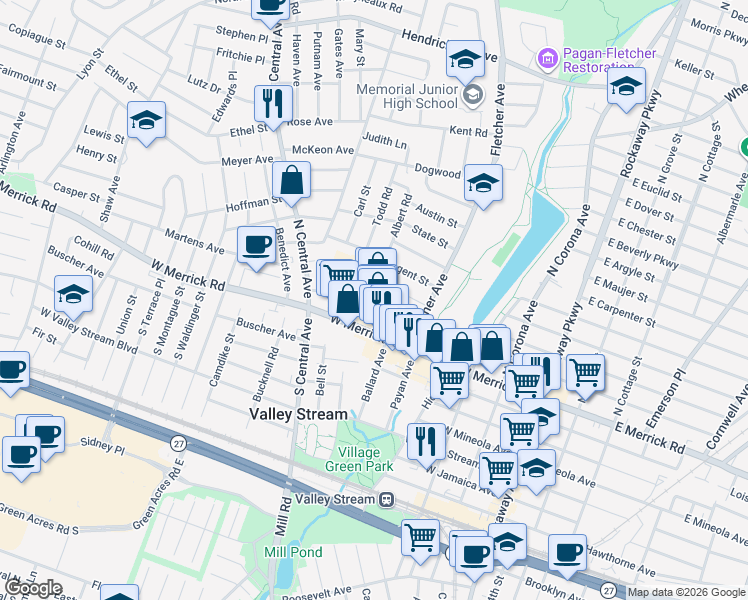 map of restaurants, bars, coffee shops, grocery stores, and more near 207 West Merrick Road in Valley Stream