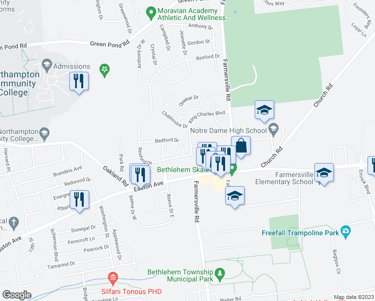 map of restaurants, bars, coffee shops, grocery stores, and more near 4203 Bedford Drive in Bethlehem