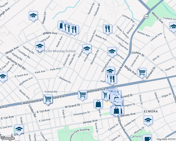 map of restaurants, bars, coffee shops, grocery stores, and more near 134 Monmouth Road in Elizabeth