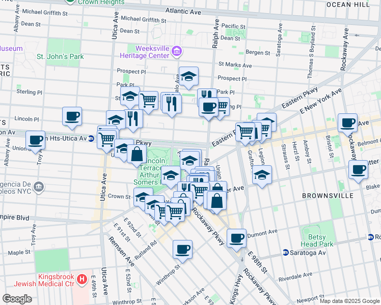 map of restaurants, bars, coffee shops, grocery stores, and more near 1334 Eastern Parkway in Brooklyn