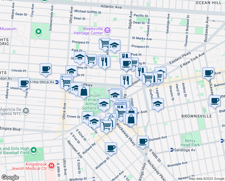 map of restaurants, bars, coffee shops, grocery stores, and more near 1324 Eastern Parkway in Brooklyn