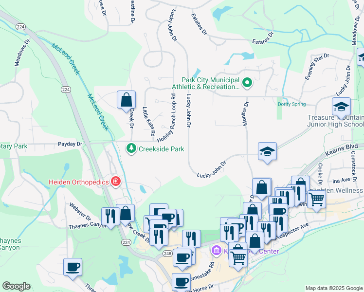 map of restaurants, bars, coffee shops, grocery stores, and more near 2381 Lucky John Drive in Park City