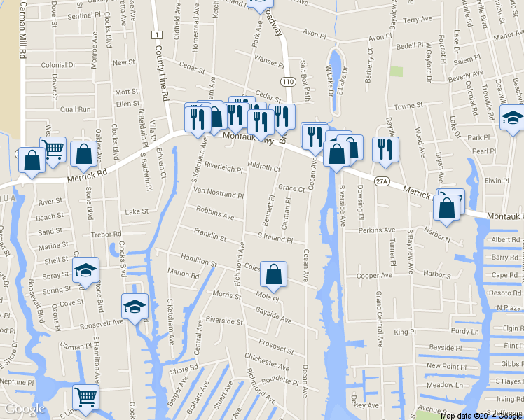 map of restaurants, bars, coffee shops, grocery stores, and more near 85 Bennett Place in Amityville