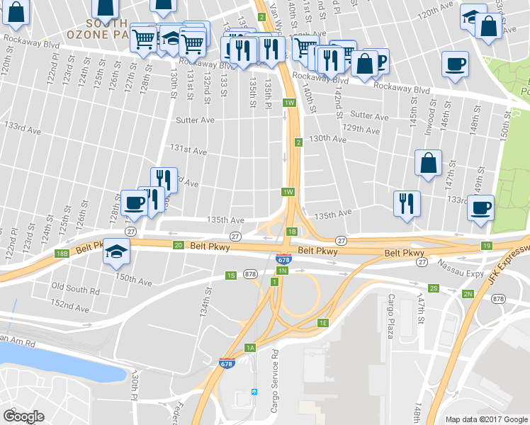 map of restaurants, bars, coffee shops, grocery stores, and more near 133-32 135th Place in Queens