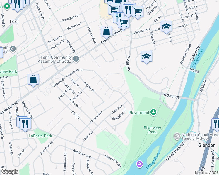 map of restaurants, bars, coffee shops, grocery stores, and more near Grandview Drive in Easton