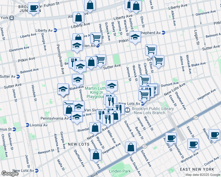 map of restaurants, bars, coffee shops, grocery stores, and more near 558 Hendrix Street in Brooklyn