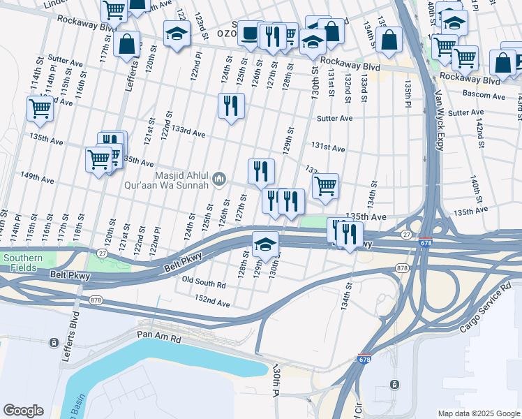 map of restaurants, bars, coffee shops, grocery stores, and more near 135-27 128th Street in Queens