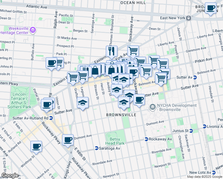 map of restaurants, bars, coffee shops, grocery stores, and more near 103 Amboy Street in Brooklyn