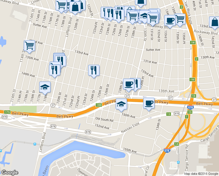 map of restaurants, bars, coffee shops, grocery stores, and more near 135-39 126th Street in Queens