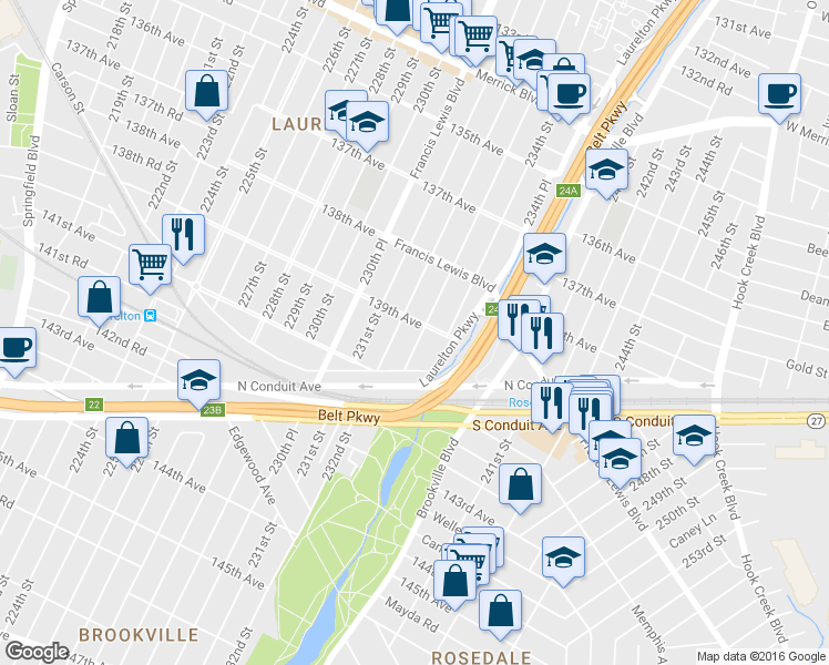 map of restaurants, bars, coffee shops, grocery stores, and more near 139-08 233rd Street in Queens