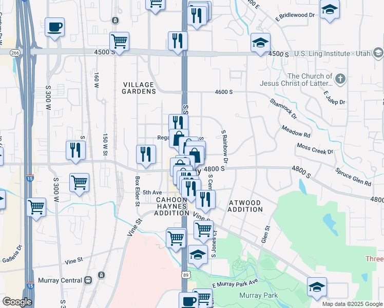 map of restaurants, bars, coffee shops, grocery stores, and more near 4767 State Street in Murray