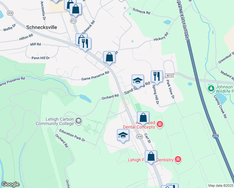 map of restaurants, bars, coffee shops, grocery stores, and more near 4423 Orchard Road in Schnecksville