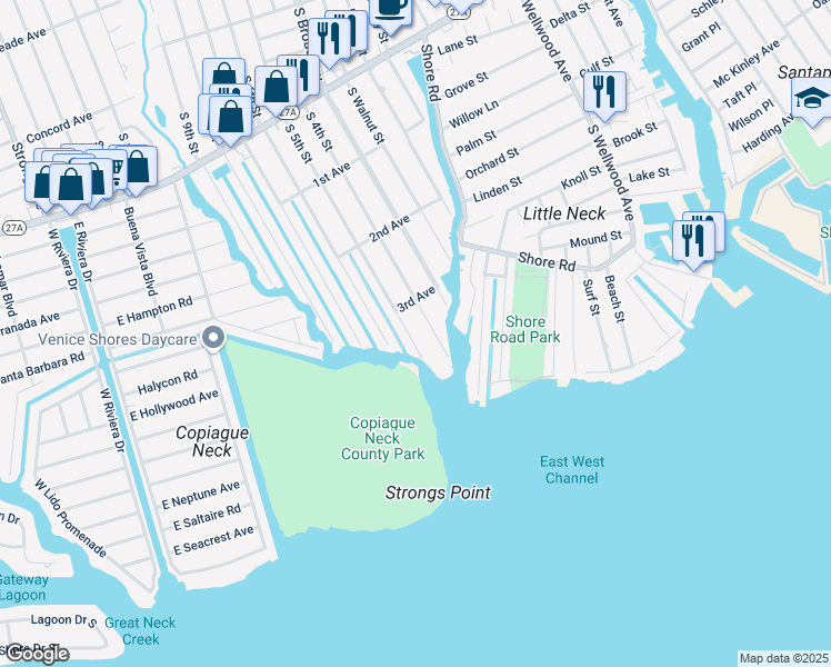 map of restaurants, bars, coffee shops, grocery stores, and more near 948 South 5th Street in Lindenhurst