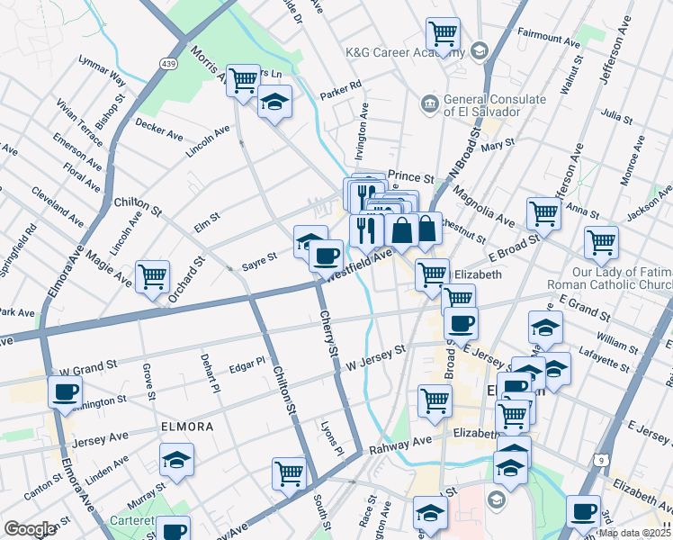 map of restaurants, bars, coffee shops, grocery stores, and more near 73 Westfield Avenue in Elizabeth