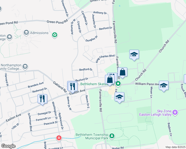 map of restaurants, bars, coffee shops, grocery stores, and more near 4216 Bedford Drive in Bethlehem