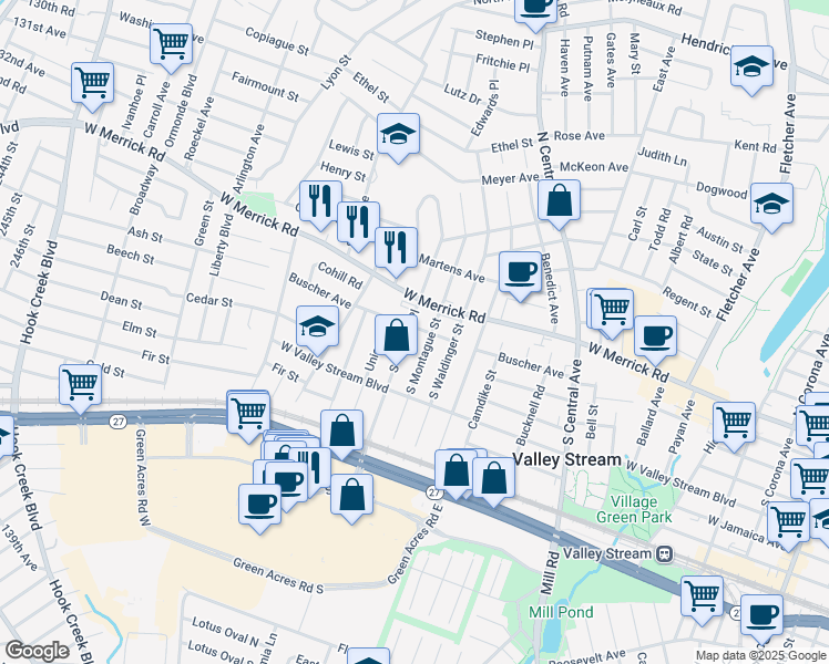 map of restaurants, bars, coffee shops, grocery stores, and more near 27 South Terrace Place in Valley Stream