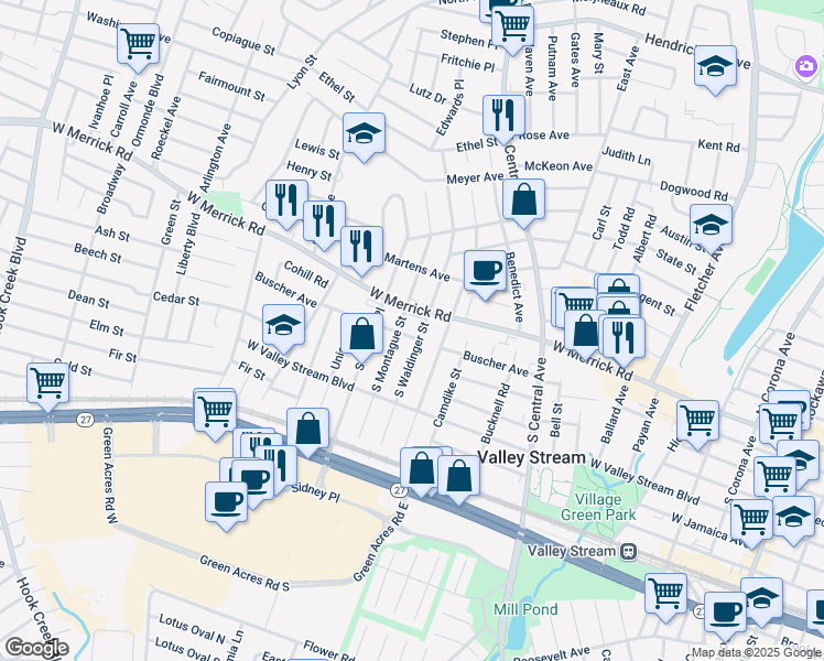 map of restaurants, bars, coffee shops, grocery stores, and more near 157 Buscher Avenue in Valley Stream