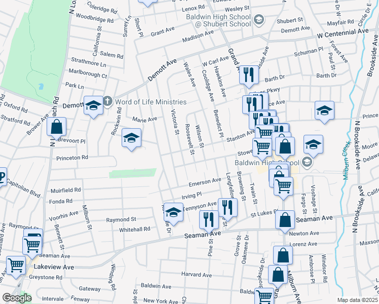 map of restaurants, bars, coffee shops, grocery stores, and more near 590 Stanton Avenue in Baldwin