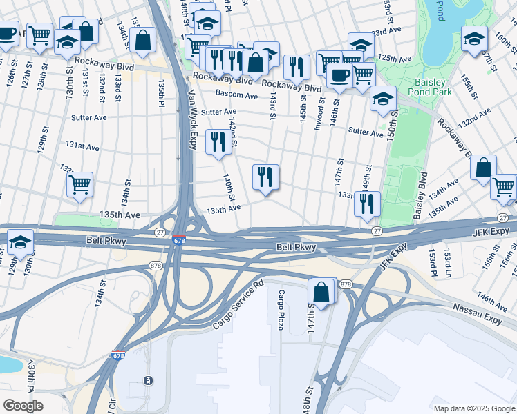 map of restaurants, bars, coffee shops, grocery stores, and more near 142-30 135th Avenue in Queens