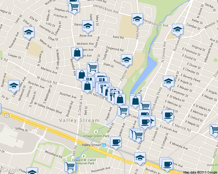 map of restaurants, bars, coffee shops, grocery stores, and more near 30 Hudson Avenue in Valley Stream