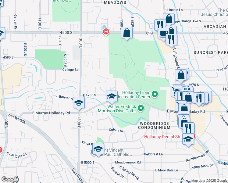 map of restaurants, bars, coffee shops, grocery stores, and more near 1495 East 4705 South in Millcreek
