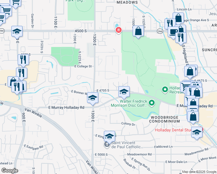 map of restaurants, bars, coffee shops, grocery stores, and more near 4687 Garden Spring Lane East in Millcreek