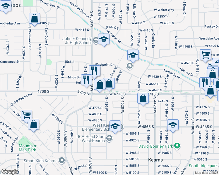 map of restaurants, bars, coffee shops, grocery stores, and more near 4683 West Arlington Park Drive in West Valley City