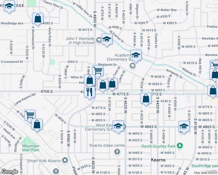 map of restaurants, bars, coffee shops, grocery stores, and more near 4683 West Arlington Park Drive in West Valley City
