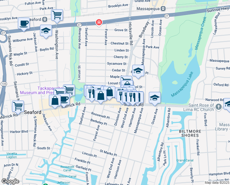 map of restaurants, bars, coffee shops, grocery stores, and more near 62 Elm Street in Massapequa