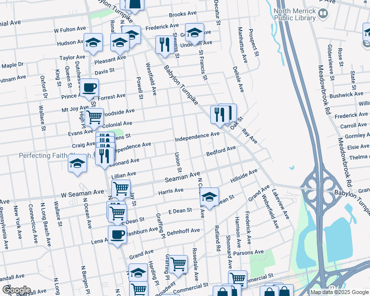 map of restaurants, bars, coffee shops, grocery stores, and more near 280 North Columbus Avenue in Freeport
