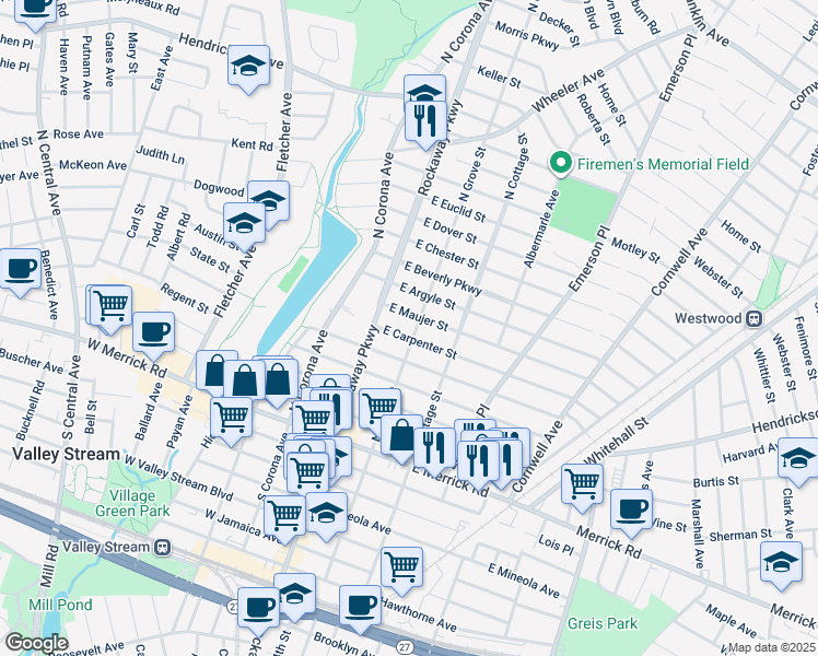 map of restaurants, bars, coffee shops, grocery stores, and more near 98 North Grove Street in Valley Stream