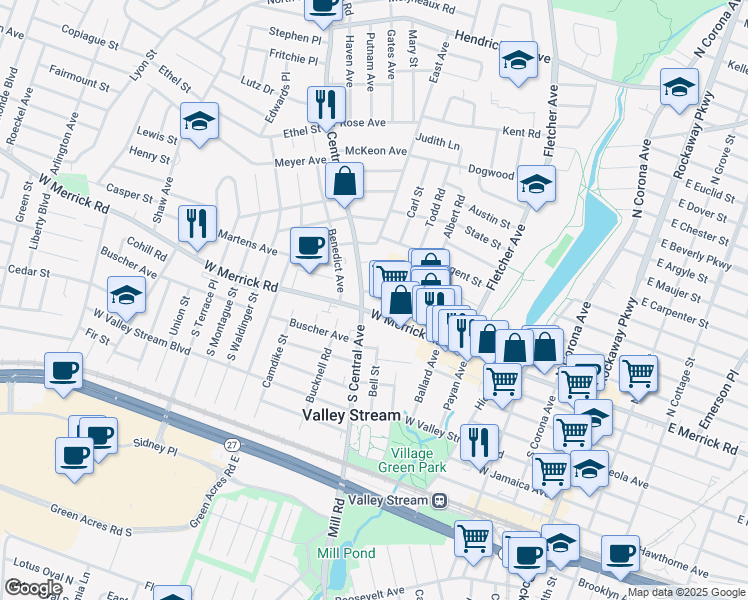 map of restaurants, bars, coffee shops, grocery stores, and more near 19 Hancock Place in Valley Stream