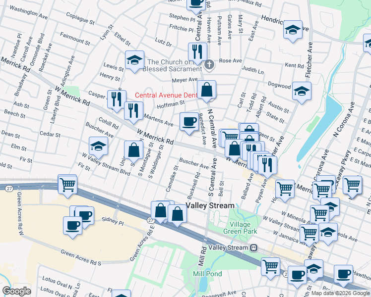 map of restaurants, bars, coffee shops, grocery stores, and more near 360 West Merrick Road in Valley Stream
