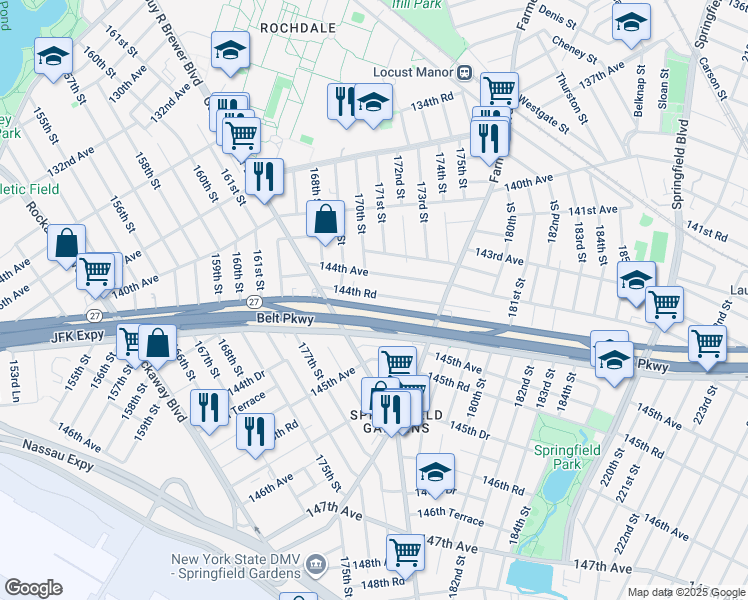 map of restaurants, bars, coffee shops, grocery stores, and more near 169-24 144th Road in Queens