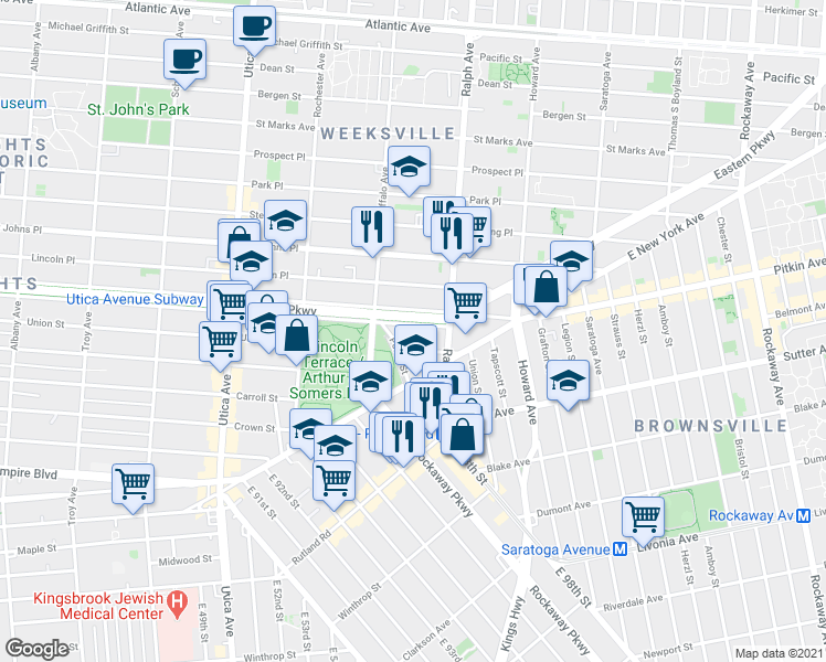 map of restaurants, bars, coffee shops, grocery stores, and more near 1324 Eastern Parkway in Brooklyn