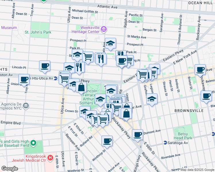 map of restaurants, bars, coffee shops, grocery stores, and more near 1324 Eastern Parkway in Brooklyn