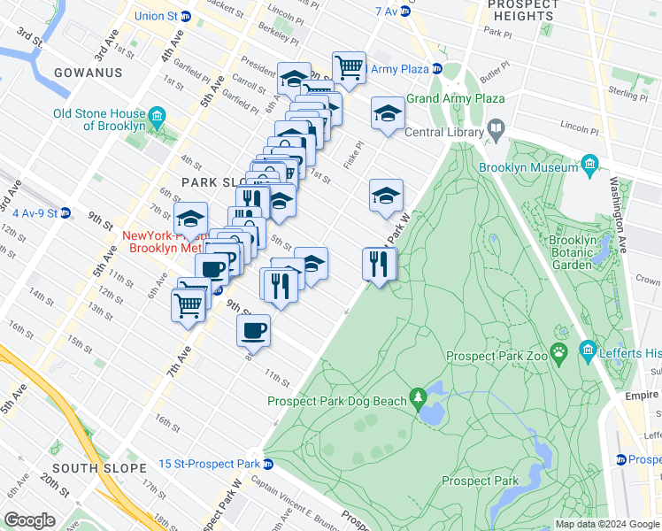 map of restaurants, bars, coffee shops, grocery stores, and more near 564 4th Street in Brooklyn