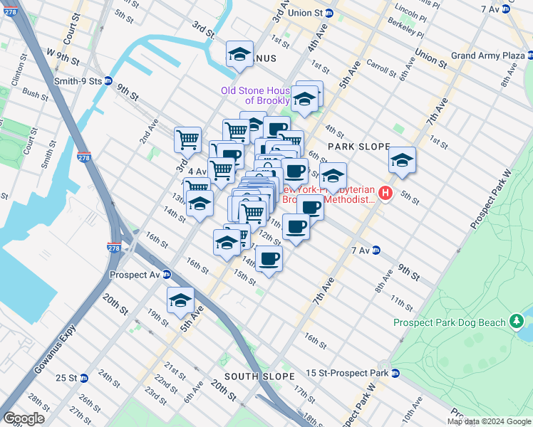 map of restaurants, bars, coffee shops, grocery stores, and more near 484 5th Avenue in Brooklyn