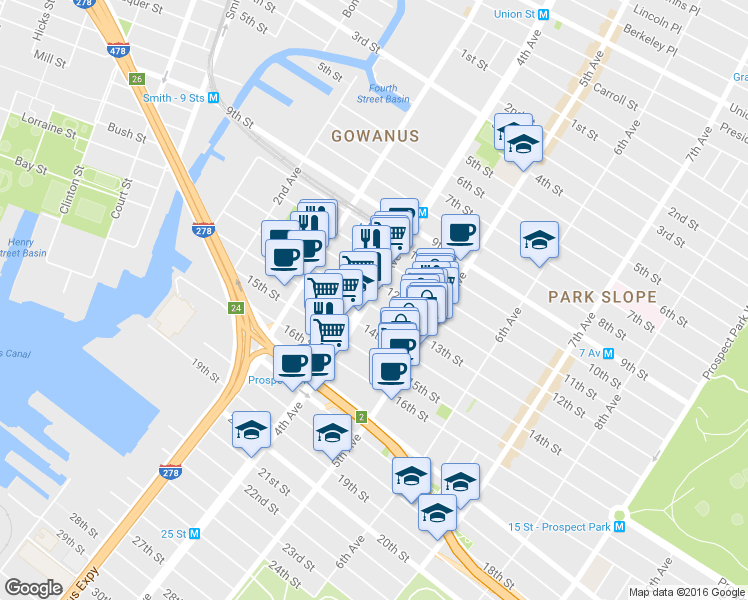 map of restaurants, bars, coffee shops, grocery stores, and more near 221 12th Street in Brooklyn