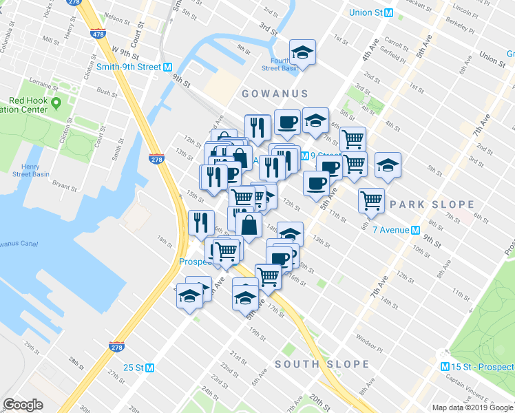 map of restaurants, bars, coffee shops, grocery stores, and more near 163A 14th Street in Brooklyn