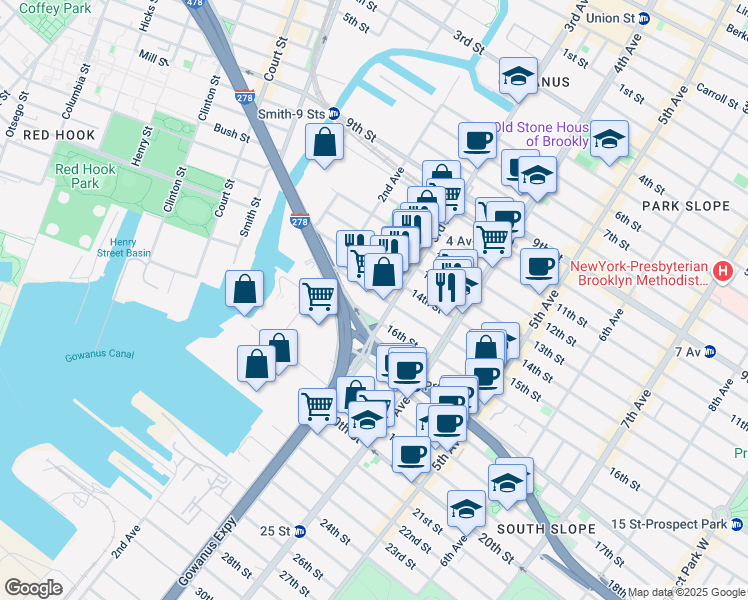 map of restaurants, bars, coffee shops, grocery stores, and more near 60 15th Street in Brooklyn