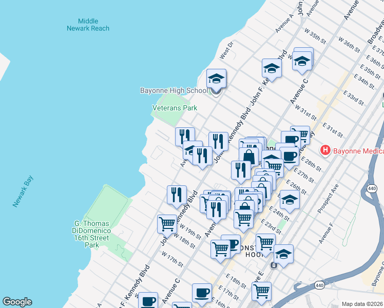 map of restaurants, bars, coffee shops, grocery stores, and more near 149 West 24th Street in Bayonne