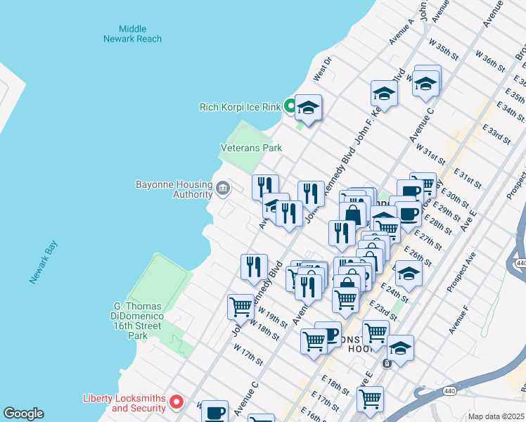 map of restaurants, bars, coffee shops, grocery stores, and more near 149 West 24th Street in Bayonne
