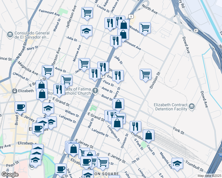 map of restaurants, bars, coffee shops, grocery stores, and more near 904 Flora Street in Elizabeth