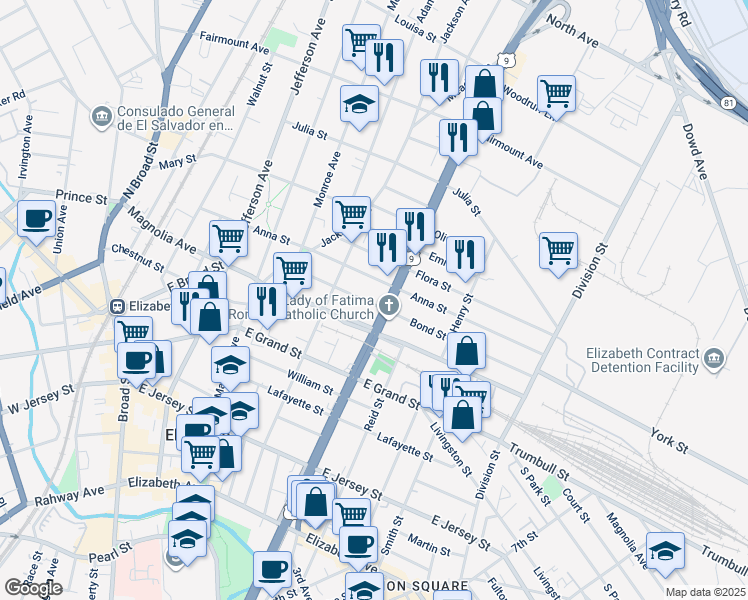 map of restaurants, bars, coffee shops, grocery stores, and more near 428 Spring Street in Elizabeth