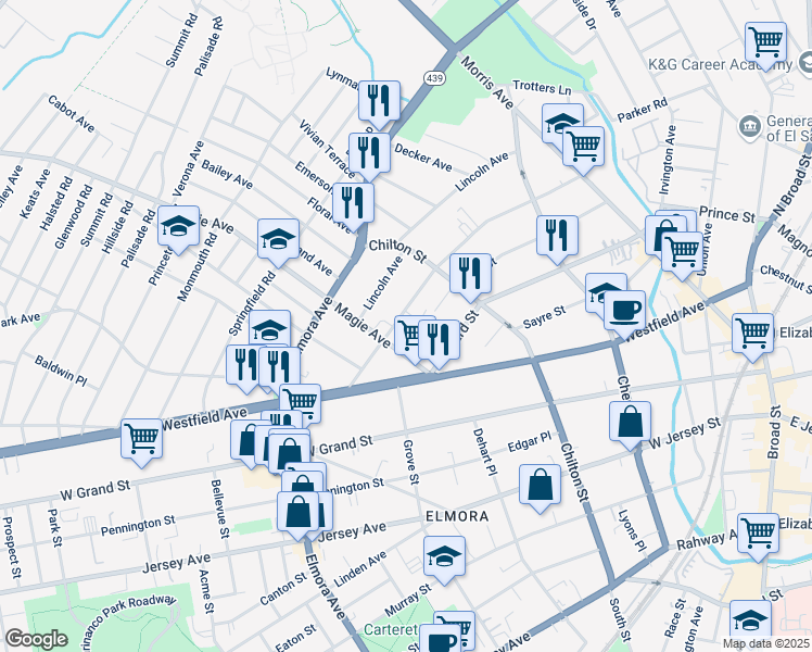 map of restaurants, bars, coffee shops, grocery stores, and more near 11 Gibson Place in Elizabeth