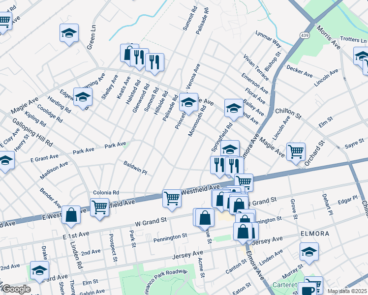 map of restaurants, bars, coffee shops, grocery stores, and more near 134 Monmouth Road in Elizabeth