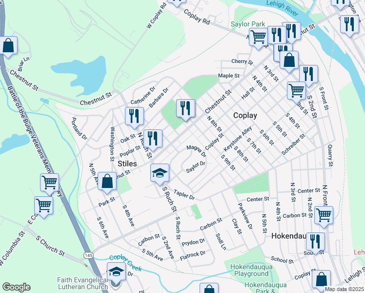 map of restaurants, bars, coffee shops, grocery stores, and more near 20 Magna Dr in Coplay