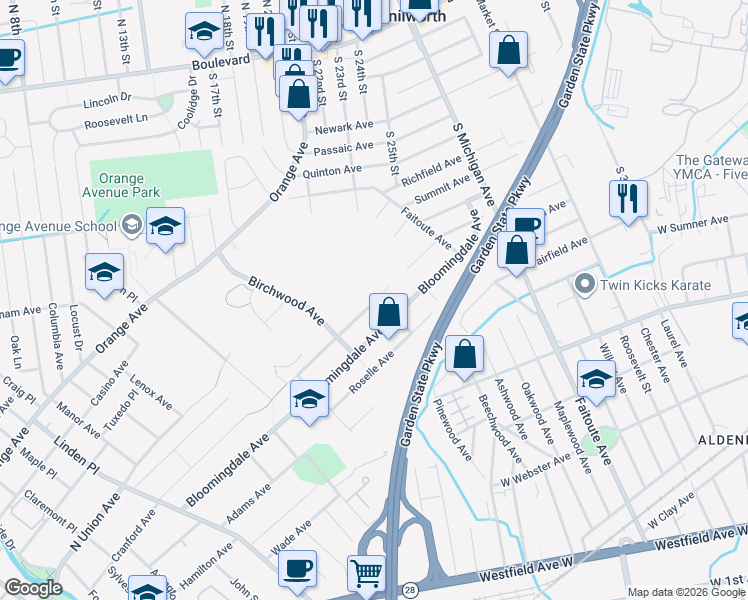 map of restaurants, bars, coffee shops, grocery stores, and more near 555 Cranford Avenue in Cranford